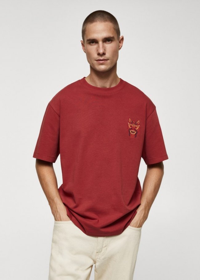 Mango Camiseta 100% algodón estampado pecho - Rojo