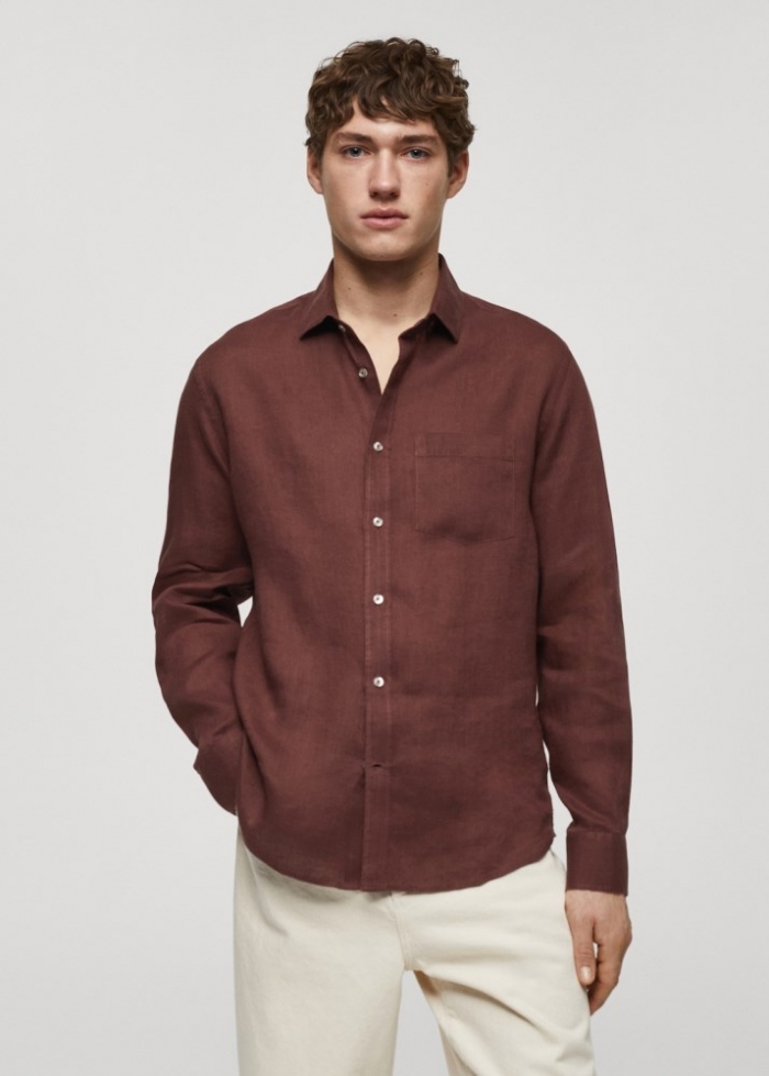 Mango Camisa classic fit 100% lino - Burdeos