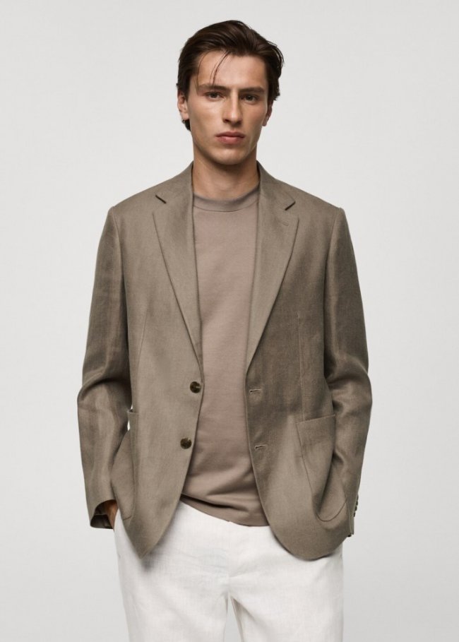 Mango Americana slim fit 100% lino - Khaki