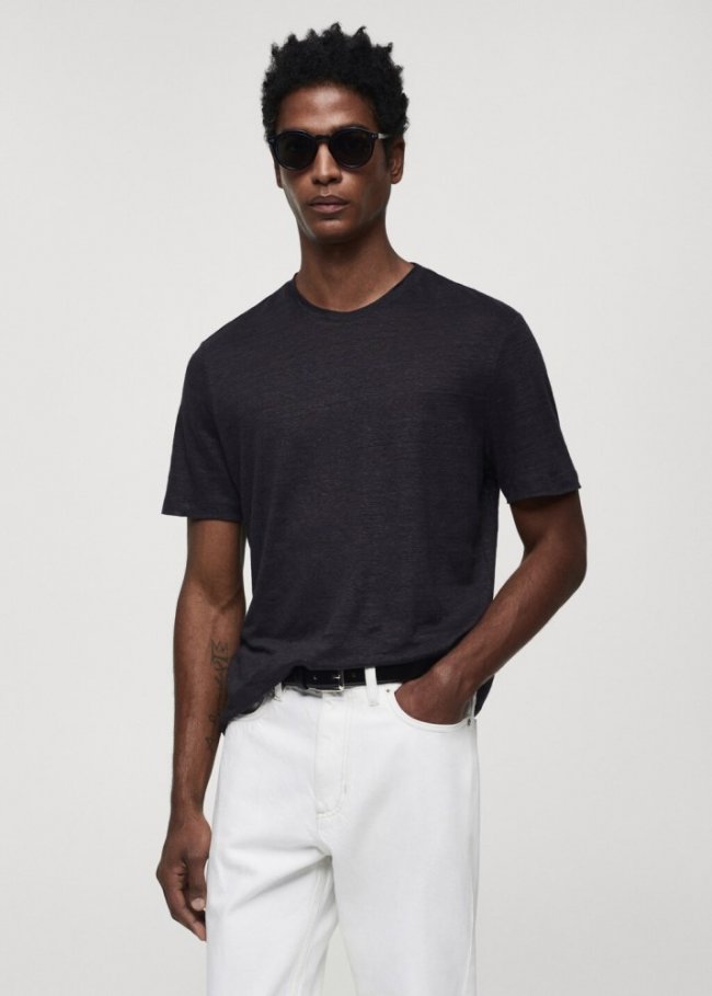 Mango Camiseta slim fit 100% lino - Azul marino oscuro