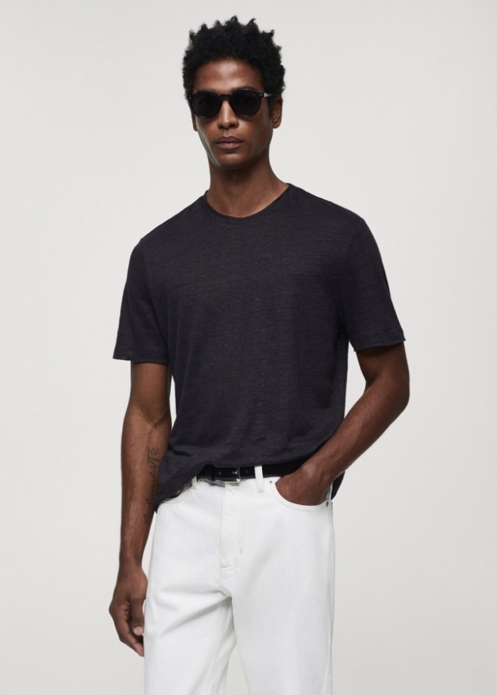 Mango Camiseta slim fit 100% lino - Azul marino oscuro