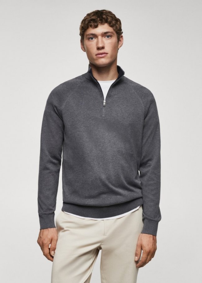 Mango Jersey algodón cuello cremallera - Gris medio vigoré