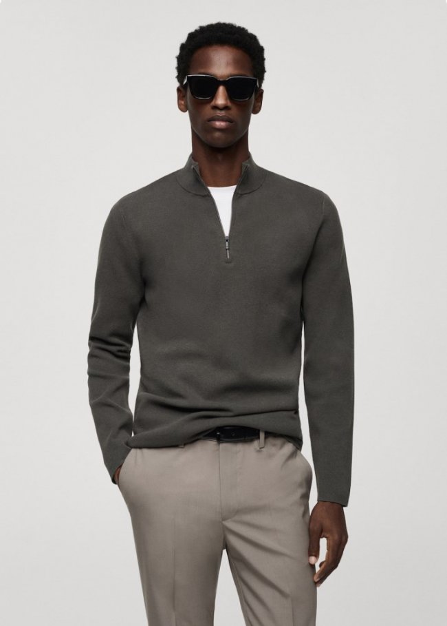 Mango Jersey cuello perkins cremallera - Verde bosque