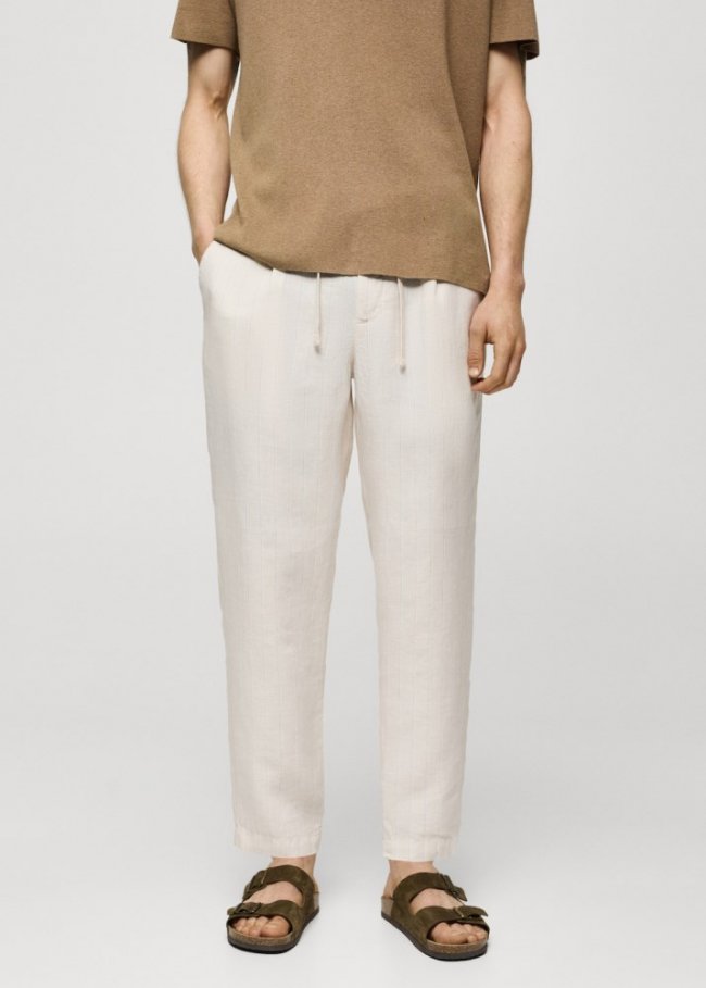 Mango Pantalón 100% lino rayas cordón - Blanco roto