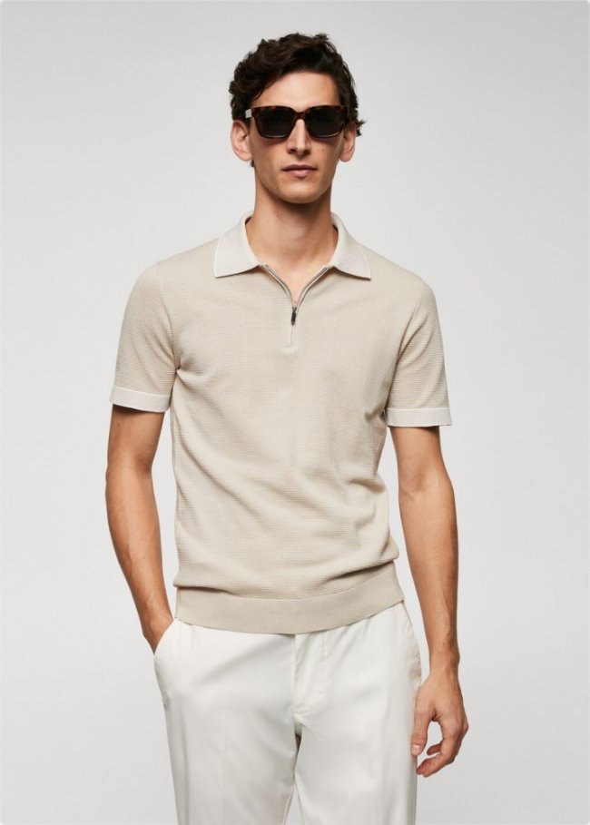 Mango Polo punto fino cremallera - Gris claro/pastel