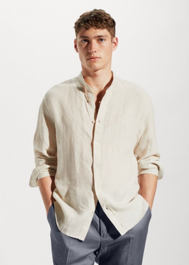 Mango Camisa 100% lino cuello mao - Arena