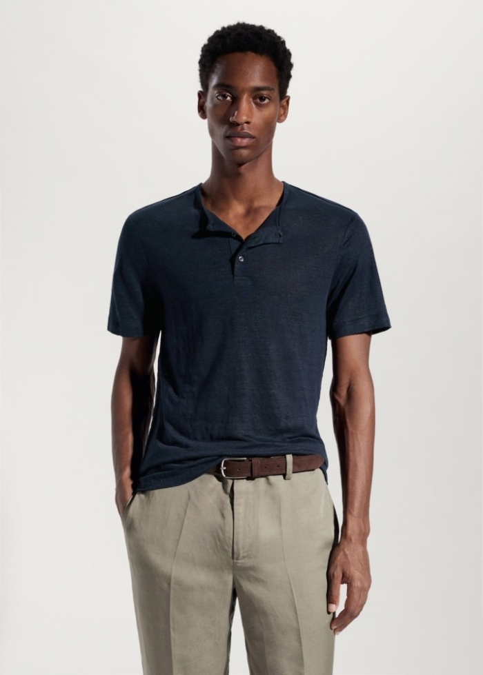 Mango Camiseta 100% lino cuello panadero - Azul marino oscuro