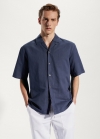 Mango Camisa algodón-lino cuello bowling - Azul marino