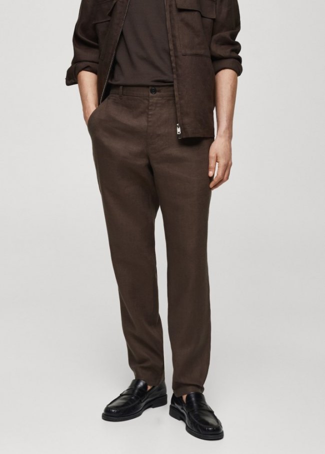 Mango Pantalón 100% lino slim fit - Chocolate