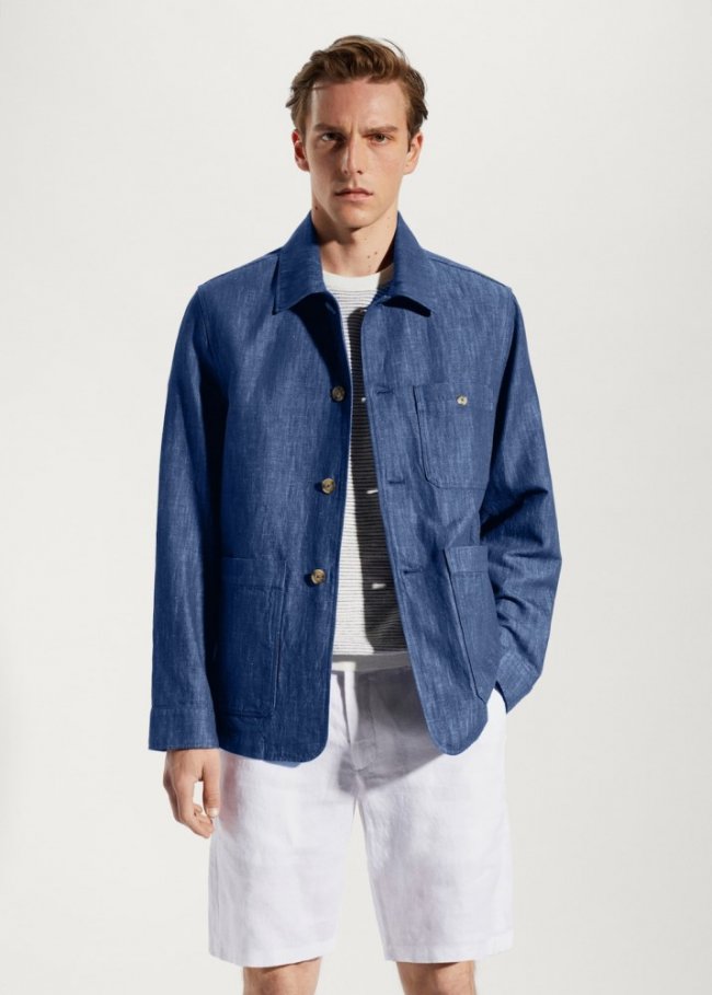 Mango Chaqueta bolsillos algodón-lino - Azul indigo