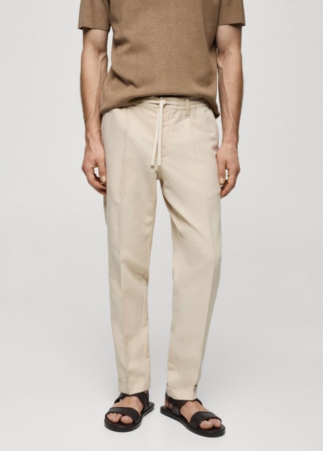 Mango Pantalón slim fit mezcla lino cordón - Beige