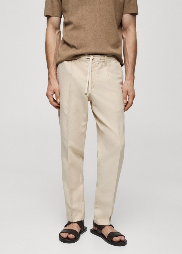 Mango Pantalón slim fit mezcla lino cordón - Beige