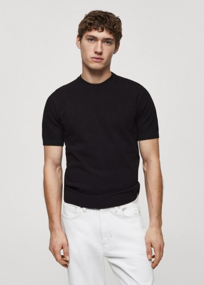 Mango Camiseta punto algodón estructura - Azul marino oscuro