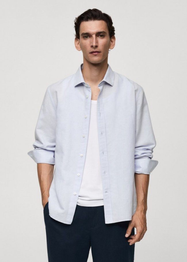 Mango Camisa classic fit lino - Azul celeste
