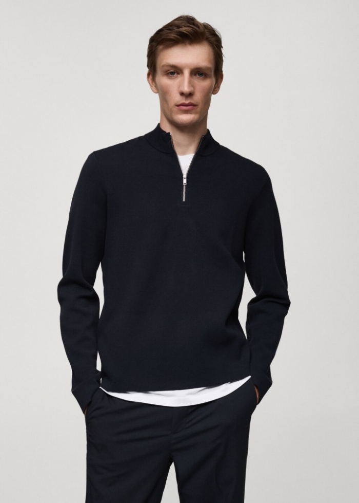 Mango Jersey punto medio cuello perkins cremallera - Azul marino oscuro