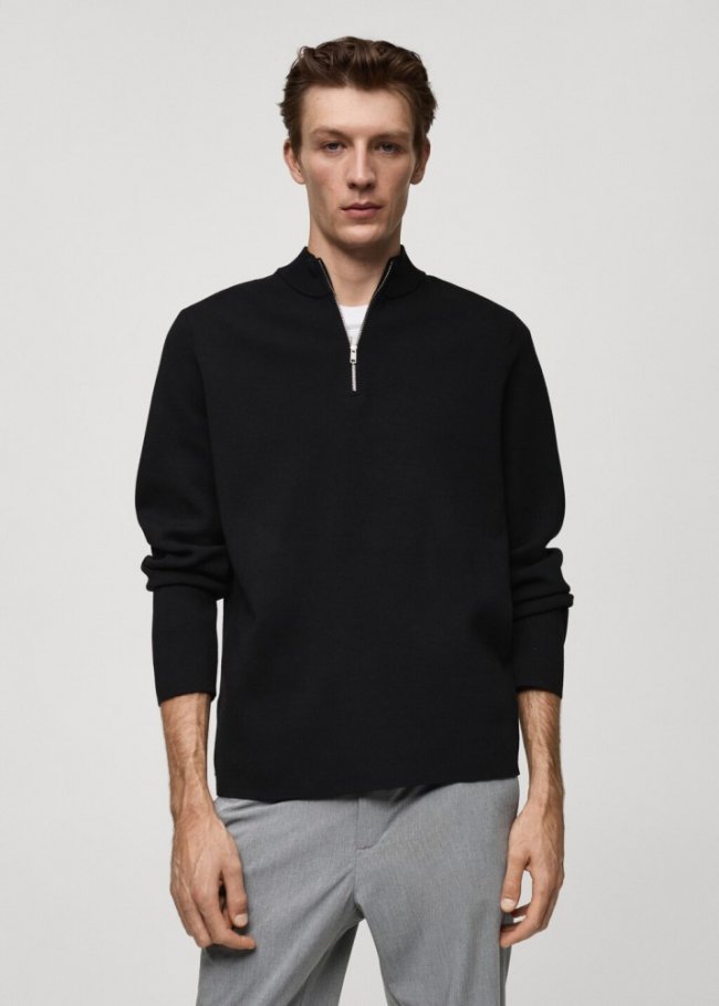 Mango Jersey punto medio cuello perkins cremallera - Negro