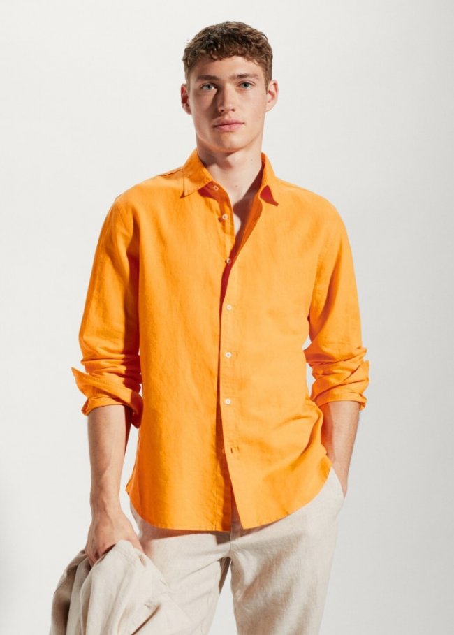 Mango Camisa regular fit lino algodón - Naranja