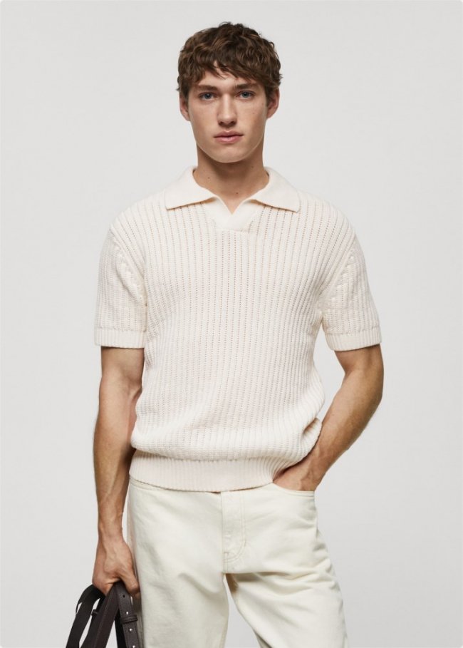 Mango Polo punto algodón calado - Blanco roto