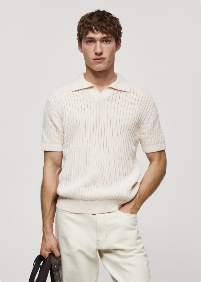 Mango Polo punto algodón calado - Blanco roto