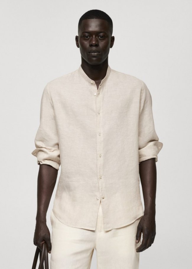 Mango Camisa 100% lino cuello mao - Arena