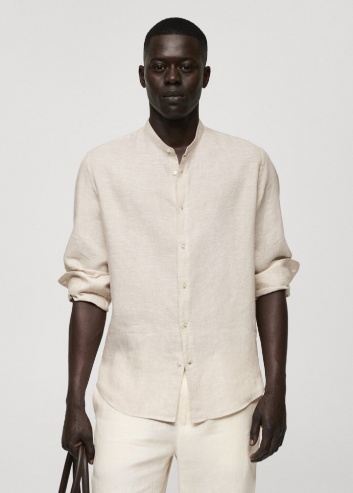 Mango Camisa 100% lino cuello mao - Arena