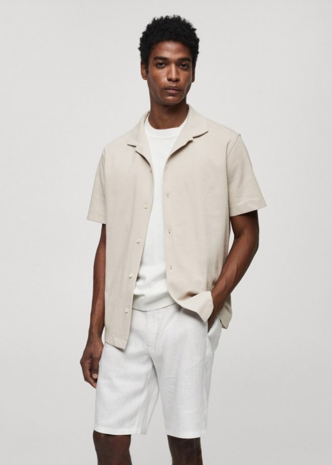Mango Camisa algodón manga corta - Beige