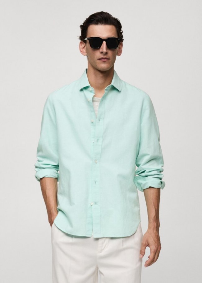 Mango Camisa classic fit lino - Verde agua