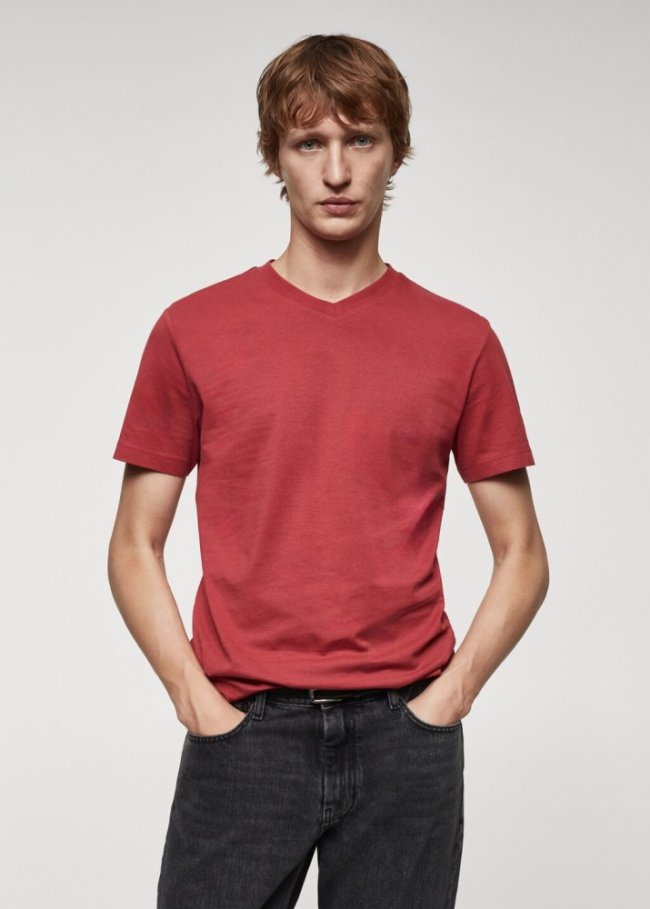 Mango Camiseta cuello pico 100% algodón - Rojo