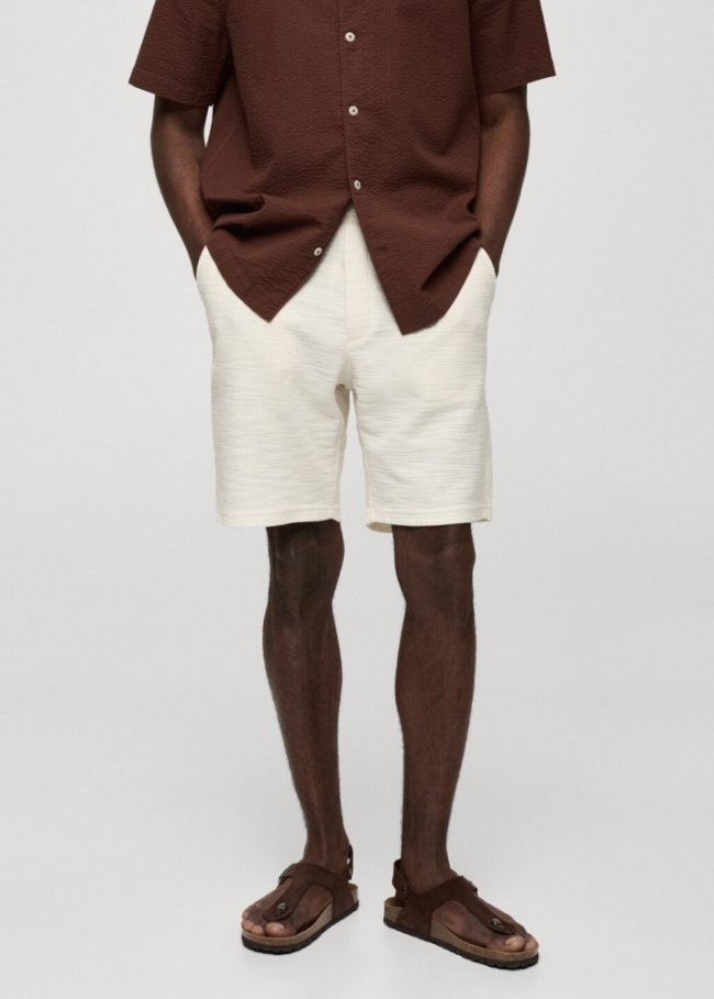Mango Bermudas algodón textura cordón - Crudo