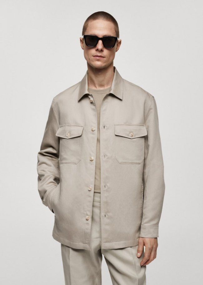 Mango Sobrecamisa lino bolsillos - Marrón medio
