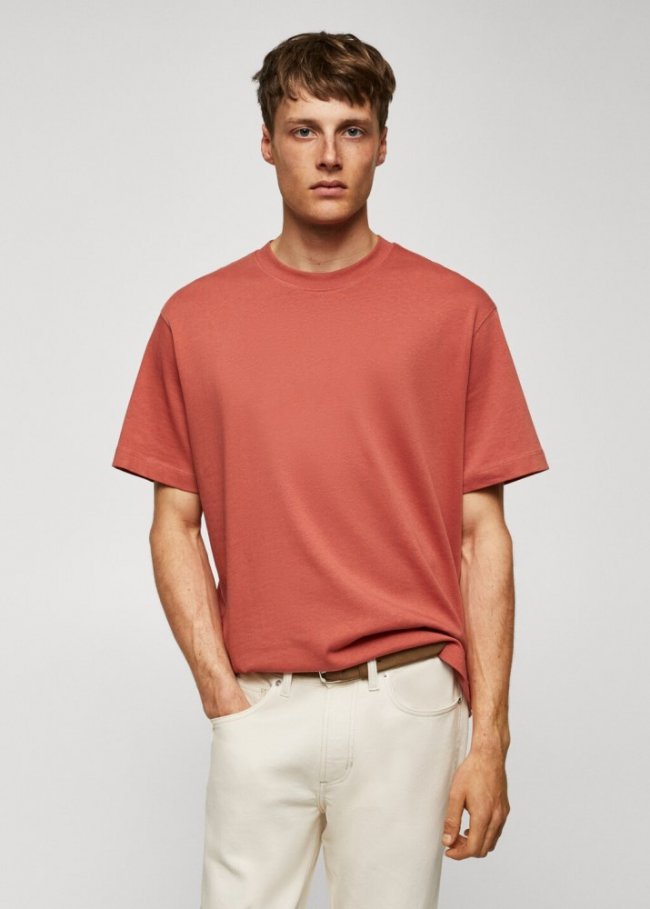 Mango Camiseta básica 100% algodón relaxed fit - Rojo coral