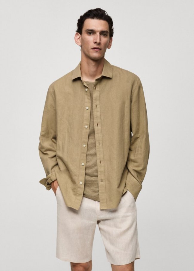 Mango Camisa classic fit lino - Khaki