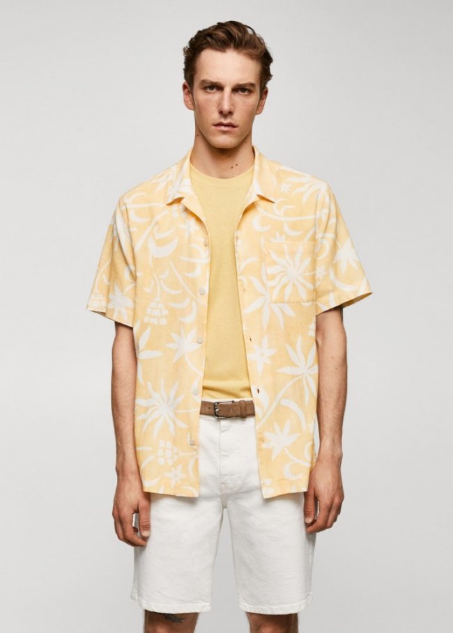 Mango Camisa 100% algodón estampado hawaiano - Amarillo
