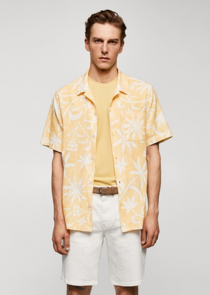 Mango Camisa 100% algodón estampado hawaiano - Amarillo