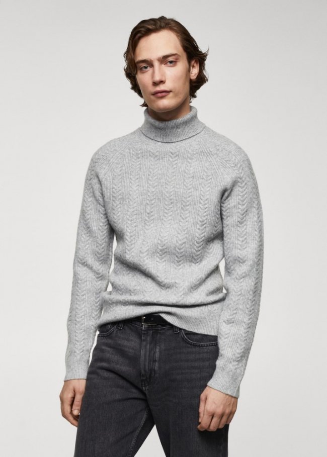 Mango Jersey trenzado cuello vuelto - Gris claro vigoré