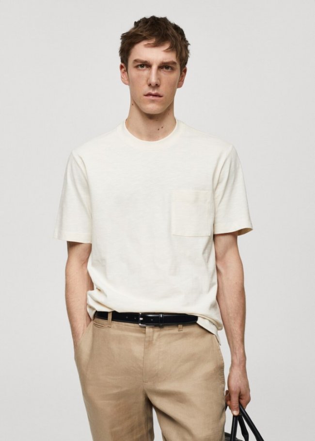 Mango Camiseta bolsillo 100% algodón - Crudo