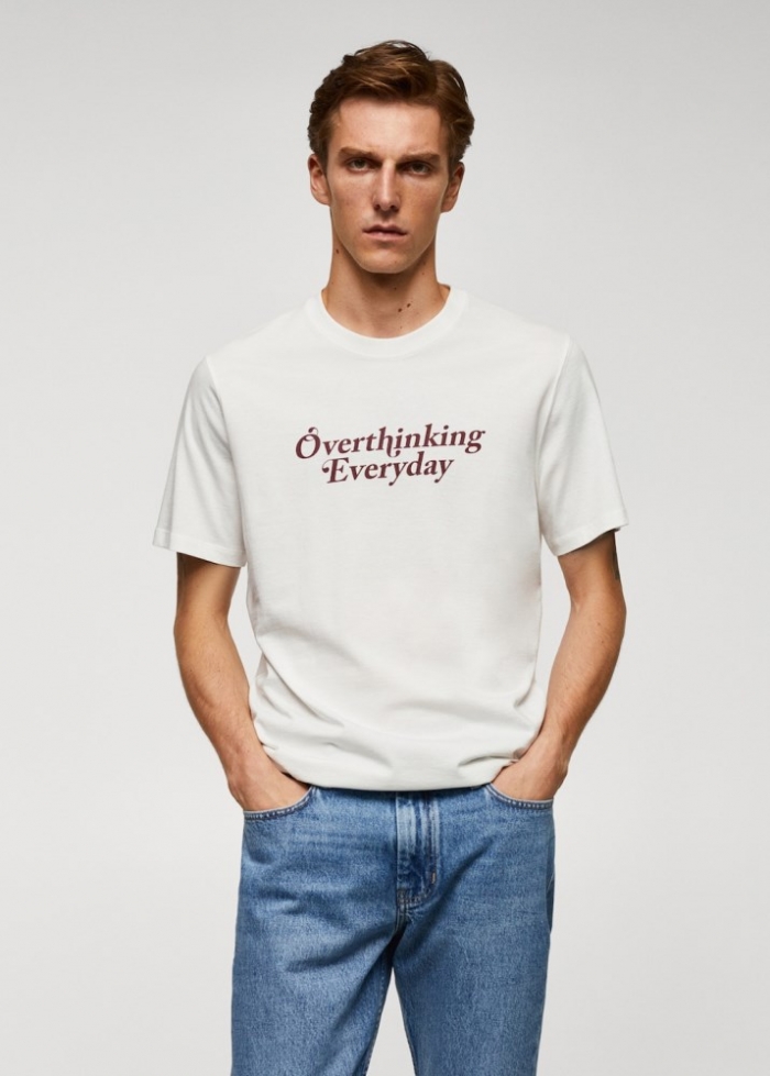 Mango Camiseta 100% algodón estampado pecho - Blanco roto