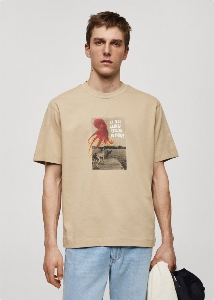 Mango Camiseta 100% algodón estampado - Beige