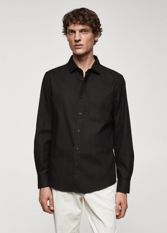 Mango Camisa sarga algodón perchado - Negro
