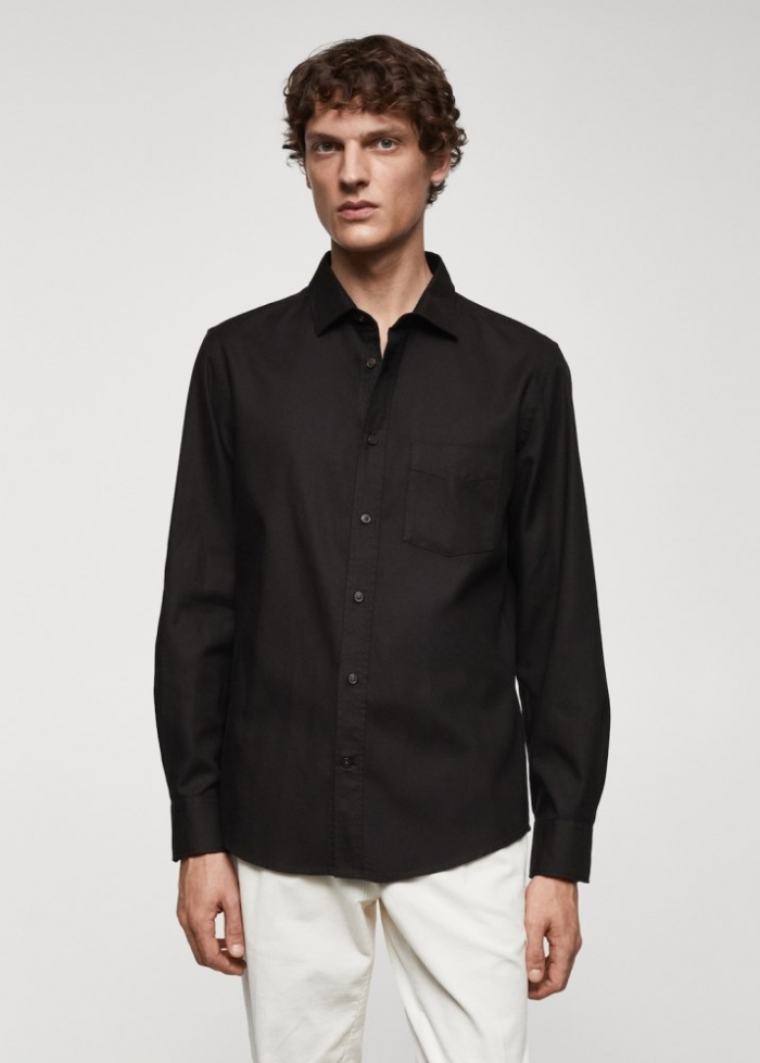 Mango Camisa sarga algodón perchado - Negro
