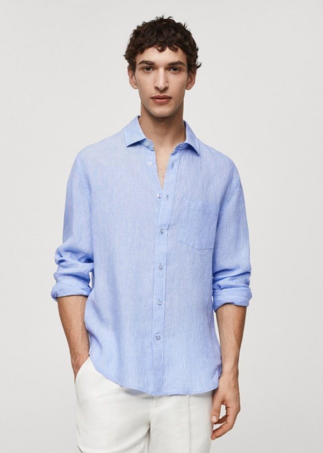 Mango Camisa classic fit 100% lino - Azul celeste
