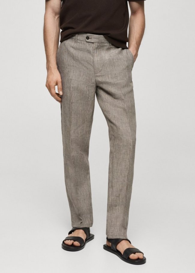 Mango Pantalón 100% lino cuadro Príncipe de Gales - Marrón