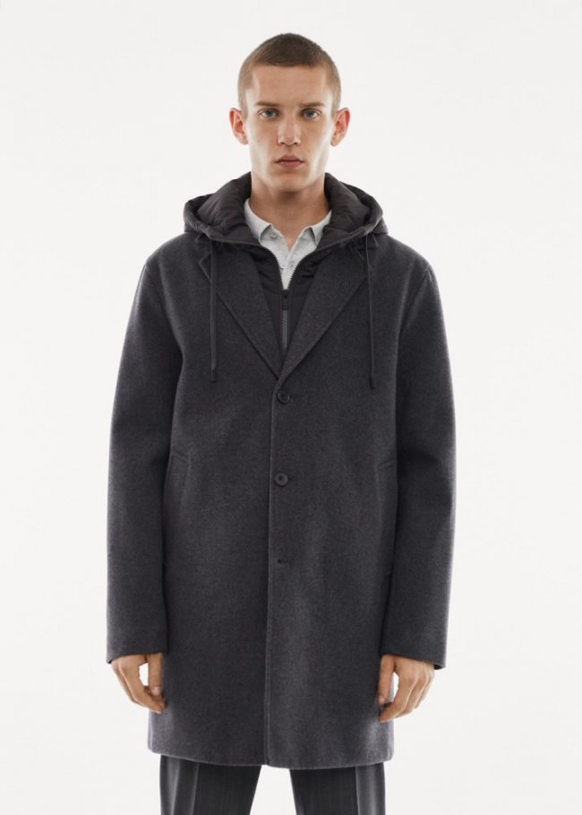 Mango Abrigo lana capucha desmontable - Gris
