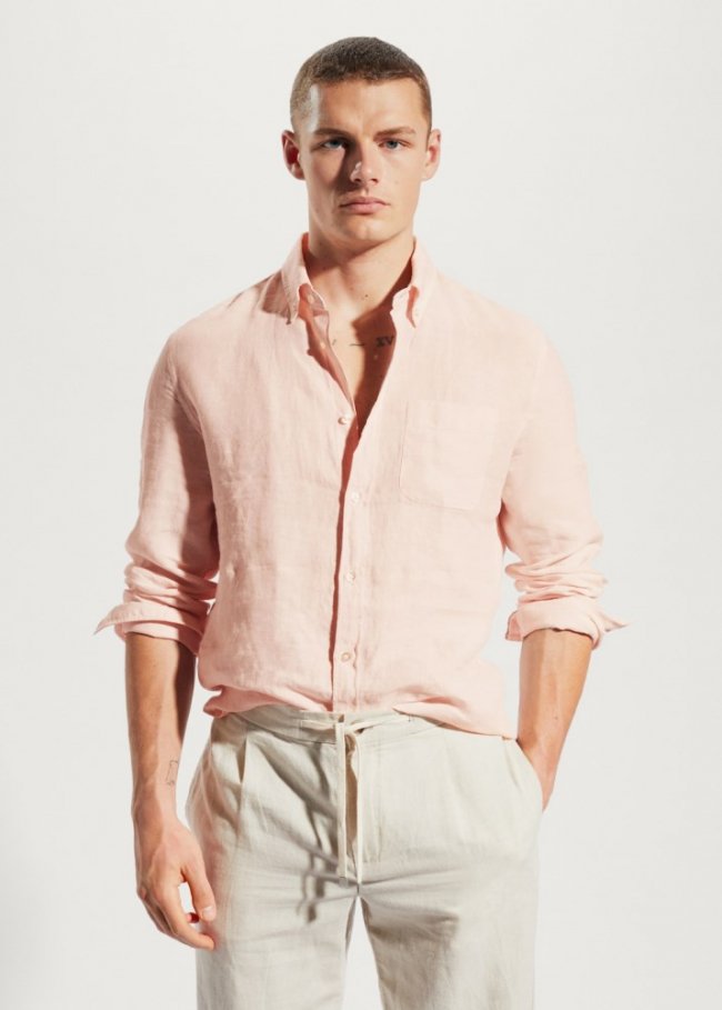 Mango Camisa slim fit 100% lino - Salmón