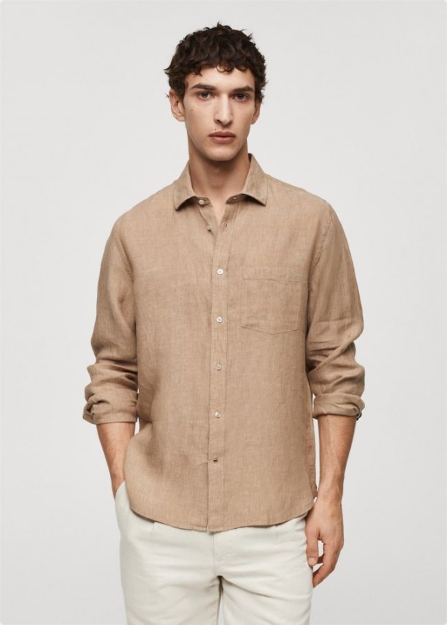 Mango Camisa classic fit 100% lino - Beige