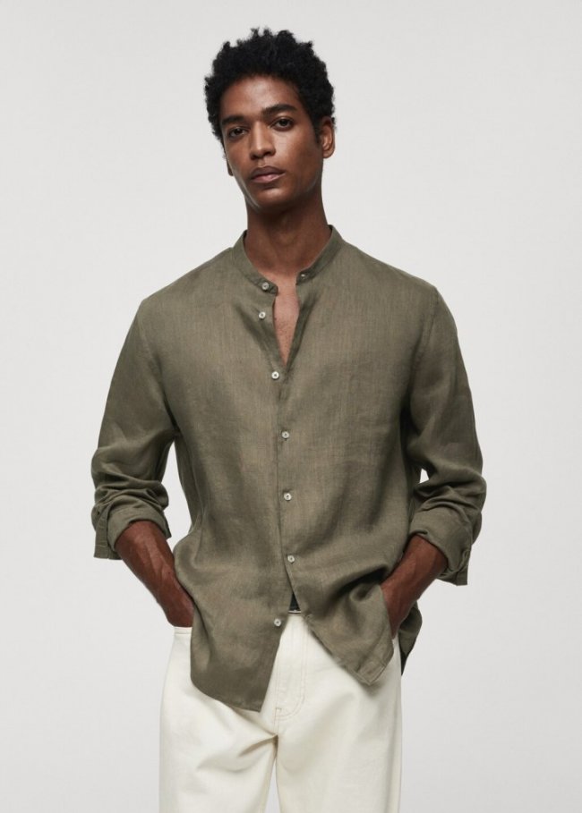 Mango Camisa 100% lino cuello mao - Khaki