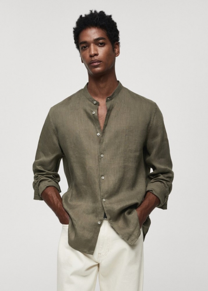 Mango Camisa 100% lino cuello mao - Khaki