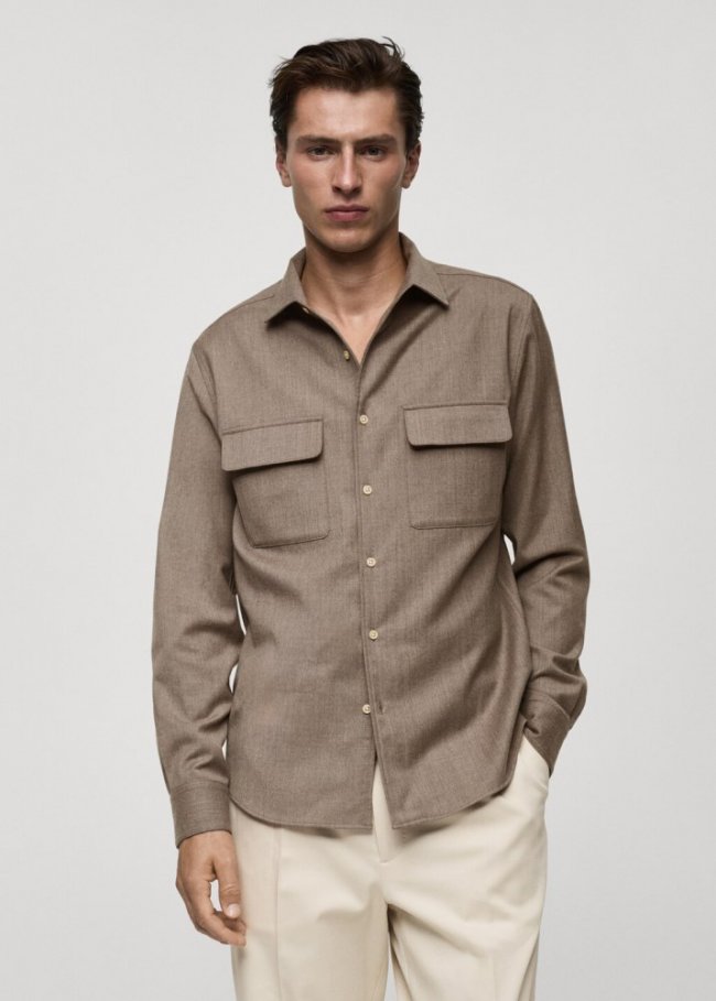 Mango Camisa 100% lana bolsillos - Marrón medio