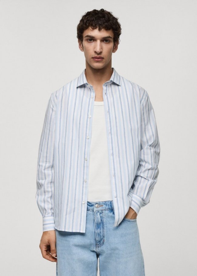 Mango Camisa classic fit algodón lino rayas rústico - Blanco roto