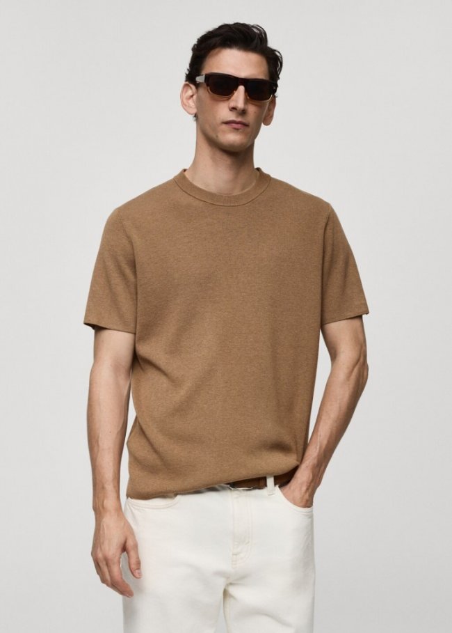 Mango Camiseta punto algodón - Marrón medio